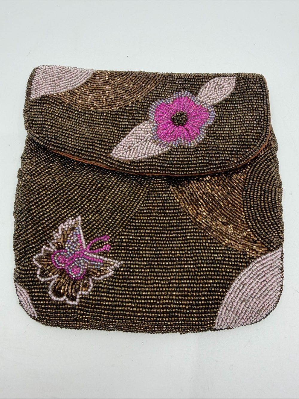 Hand-Beaded Brown Clutch with Pink Floral Accents